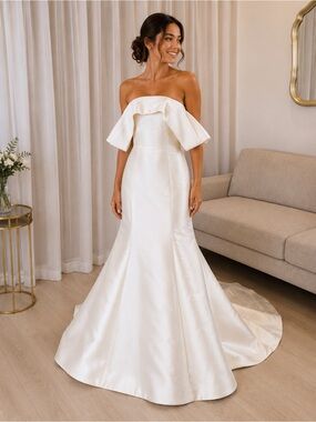 Rita Vinieris Strapless Off-Shoulder Satin Bridal Gown in Ivory